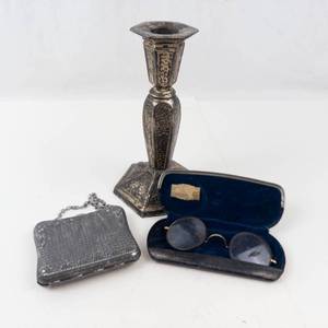 Ornate Candlestick, Eyeglasses & Case Mixed Lot