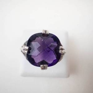 Checkered Cushion Amethyst Sterling Silver Ring Size 6.5