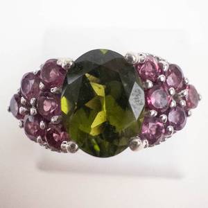Stunning Sterling Silver Peridot & Pink Tourmaline Ring Size 7