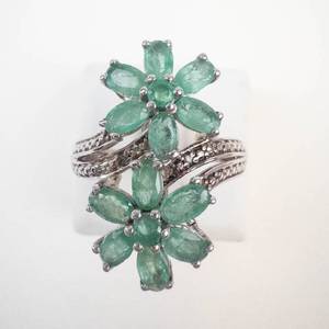 STS Emerald & Diamond Flower Sterling Silver Ring Size 8.75