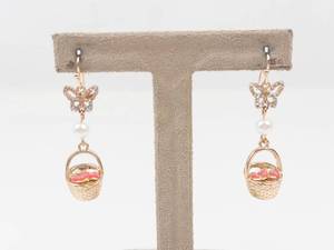 Butterfly & Strawberry Basket Gold Tone Dangle Earrings