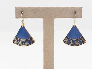 Blue Enamel Fan Earrings With Gold Scrollwork