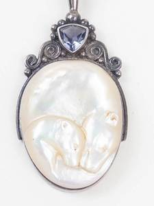 RARE Sajen Mother of Pearl Polar Bears Sterling Silver Amethyst Pendant