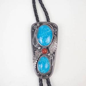 Bennett Turquoise & Coral Sterling Silver Leather Bolo Tie Necklace **Est. Replacement Value $400**