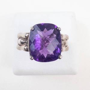 Amethyst Checkered Cushion Cut Sterling Silver Ring Size 5.75