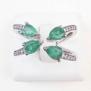 STS Unique Sterling Silver Emerald & Diamond Open Shank Ring Size 9