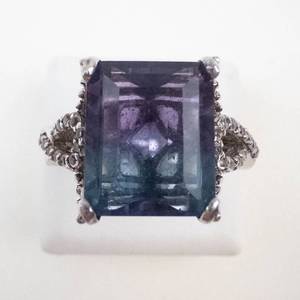 TJC Sterling Silver Emerald Cut Blue and Purple Gemstone & CZs. Ring Size 9