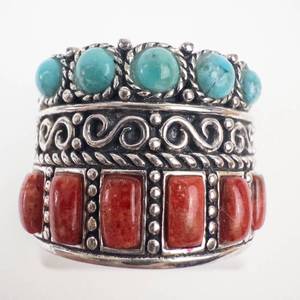 Gorgeous Sterling Silver Turquoise & Coral Ring Size 7.5-7.75