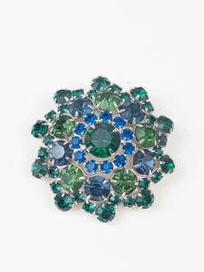 Silver Tone Multi Colored Blue & Green Rhinestone Starburst Brooch