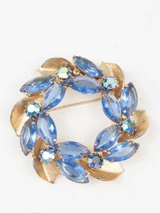Blue Rhinestone Gold-Tone Wreath Style Brooch