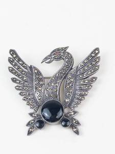 Sterling Silver Marcasite & Onyx Phoenix Brooch Pin