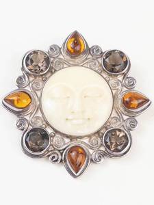 Sajen Sterling Silver Moon Face Brooch With Amber & Smoky Quartz
