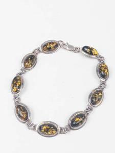 Green Amber Cabochon Sterling Silver Link Bracelet 7