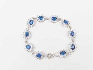 Sterling Silver Blue Created Sapphire & CZ Link Bracelet