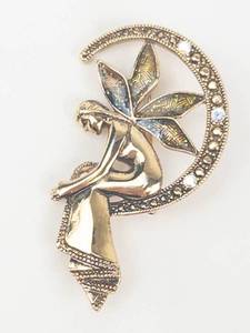 Liz Claiborne Fairy on Crescent Moon Gold Tone Brooch