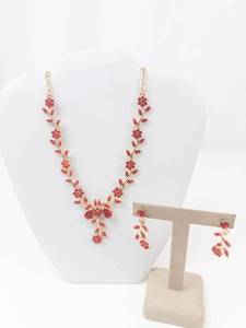 Red Rhinestone Gold Tone Necklace & Earrings Set
