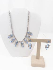 Vintage Blue & White Rhinestone Silver Tone Necklace & Clip-On Earrings Set