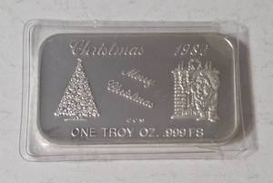 1986 One Troy Oz. Fine Silver Christmas Bar - Sealed-UNC