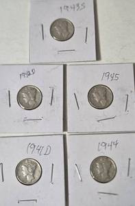 5 Mercury Dimes  Dates from 1941 -1945