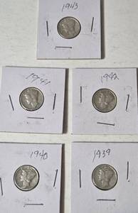 5 Mercury Dimes  Dates from 1939 - 1943