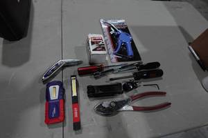 Assorted Tools - Lights, Knife, Drivers, S-K Extension