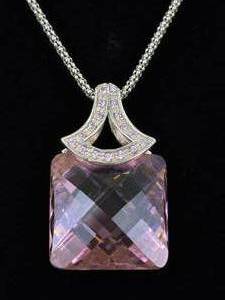 .925 Sterling Silver Larger Faceted Pink Sapphire Crystal Pendant Necklace