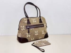 Authentic Dooney &amp Bourke Domed Monogram Satchel with Brown Leather Trim