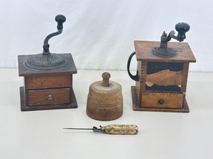 Lot of Antique Wood Coffee Bean Grinders, Cookie Embosser, and Ice Pick