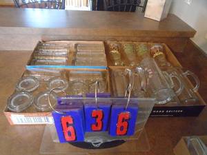 Lot of assorted glassware. As shown. CASH ON SITE ONLY. PICKUP IS TUESDAY MAY 26TH FROM 11 AM TO 4 PM ONLY. THERE IS NO OTHER OPPORTUNITY TO PICK UP YOUR TIEM THAN THIS TIME & REGARDLESS WHAT THE SCHEDULE STATES.