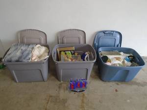 3 bins of assorted house wares. As shown. CASH ON SITE ONLY. PICKUP IS TUESDAY MAY 26TH FROM 11 AM TO 4 PM ONLY. THERE IS NO OTHER OPPORTUNITY TO PICK UP YOUR ITEM THAN THIS TIME & REGARDLESS WHAT THE SCHEDULE STATES.