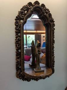 Hand Carved Wood Wall Mirror With Figural Frame