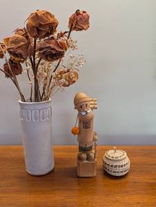 Mixed Lot of 3 Decorative Home Pieces - Vase, Carved Figure & Woven Basket
