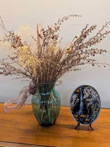 Decorative Green Glass Vase With Dried Floral Arrangement & Waterfall Plate (Lot of 2)