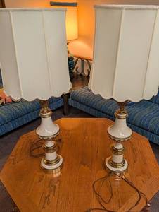 Pair of White and Brass Table Lamps