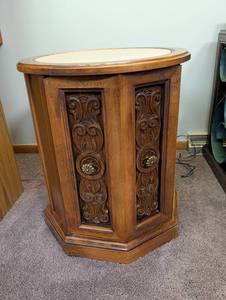 Carved Wood Pedestal Table With Stone Top