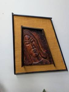 Carved Wood Face Wall Sculpture in Framed Woven Panel
