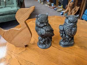 Decorative Owl Figurines and Wooden Bird Sculpture (Lot of 3)