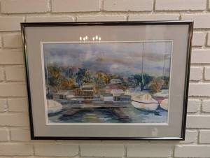 Signed 1997 Watercolor Harbor Scene in Frame
