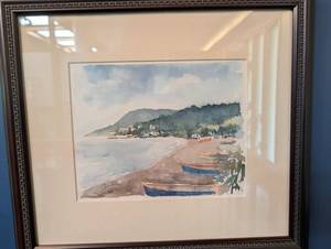 Signed Watercolor Coastal Landscape in Frame