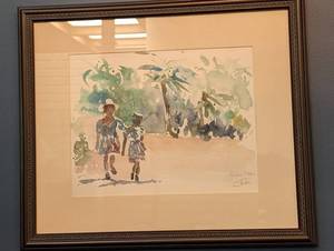 Signed Framed Watercolor of Two Girls