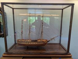 Hand Made Wooden Three-Mast Sailing Ship Model in Glass Display Case