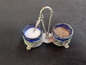 Blue Glass Condiment Set With Caddy