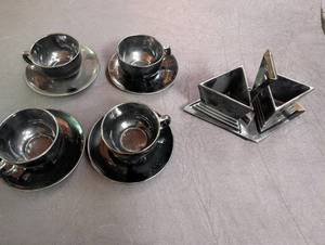 Black Glass Cup and Saucer Set With Geometric Caddy (Lot of 5)
