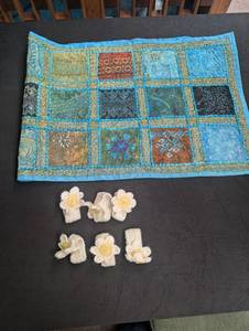 Patchwork Textile Wall Hanging With 6 Crocheted Flower Clips