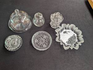 Clear Pressed Glass Vanity Dishes & Covered Jars