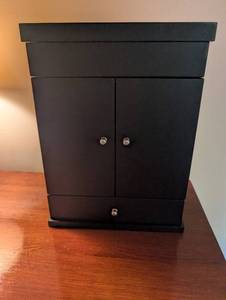 Black Wooden Jewelry Armoire With Watch Rolls and Drawer