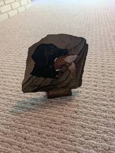 Signed Painted Stone Dog & Bird Decor on Wood Stand