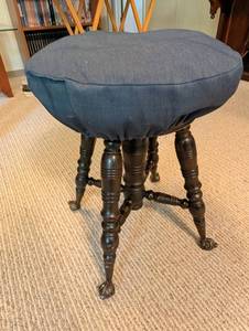 Vintage Round Upholstered Stool With Turned Wood Legs