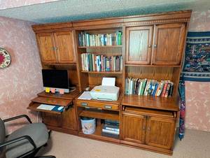 Wood Office Wall Unit With Desk, Shelves & Cabinets