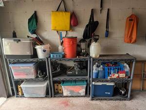 Assorted Camping & Outdoor Storage Shelves With Coolers, Bins & Gear